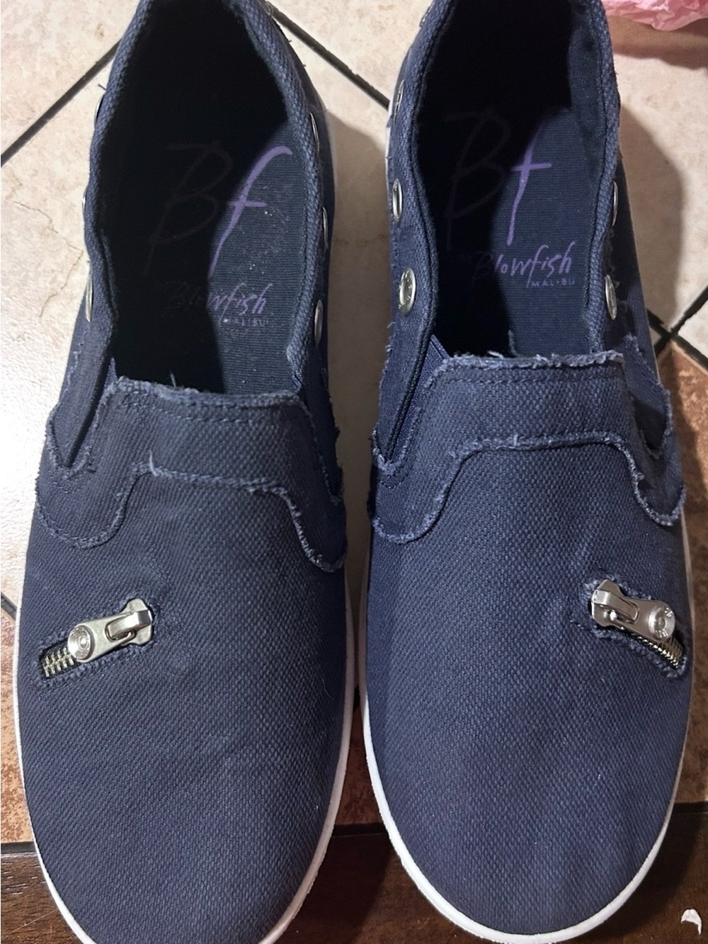 Blowfish Malibu Navy Canvas Slip-On Loafers with Zipper Accent